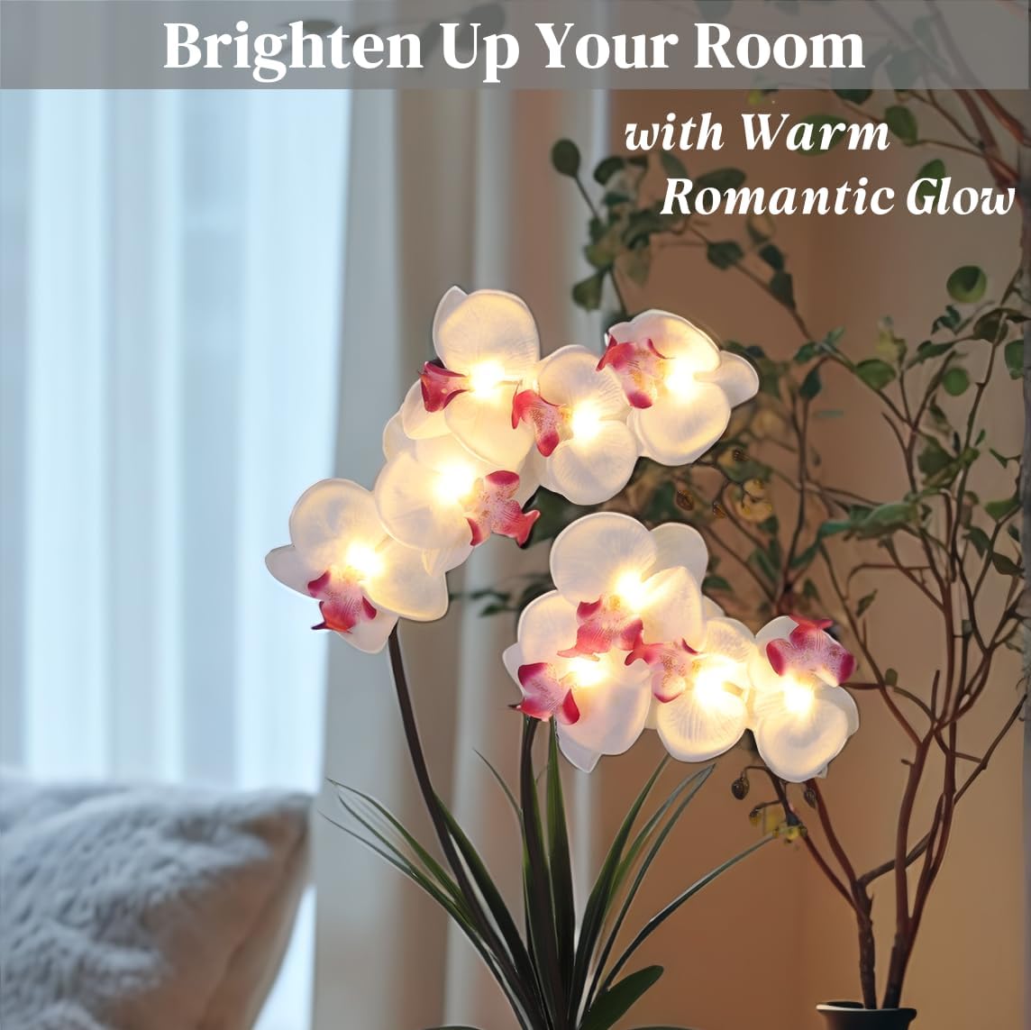 Orchid Lamp-LED Lighted Orchid Arrangements,Pre Lit Artificial Orchid,Light Up Flower Lights, Faux Orchid Phalaenopsis Arrangement (White)