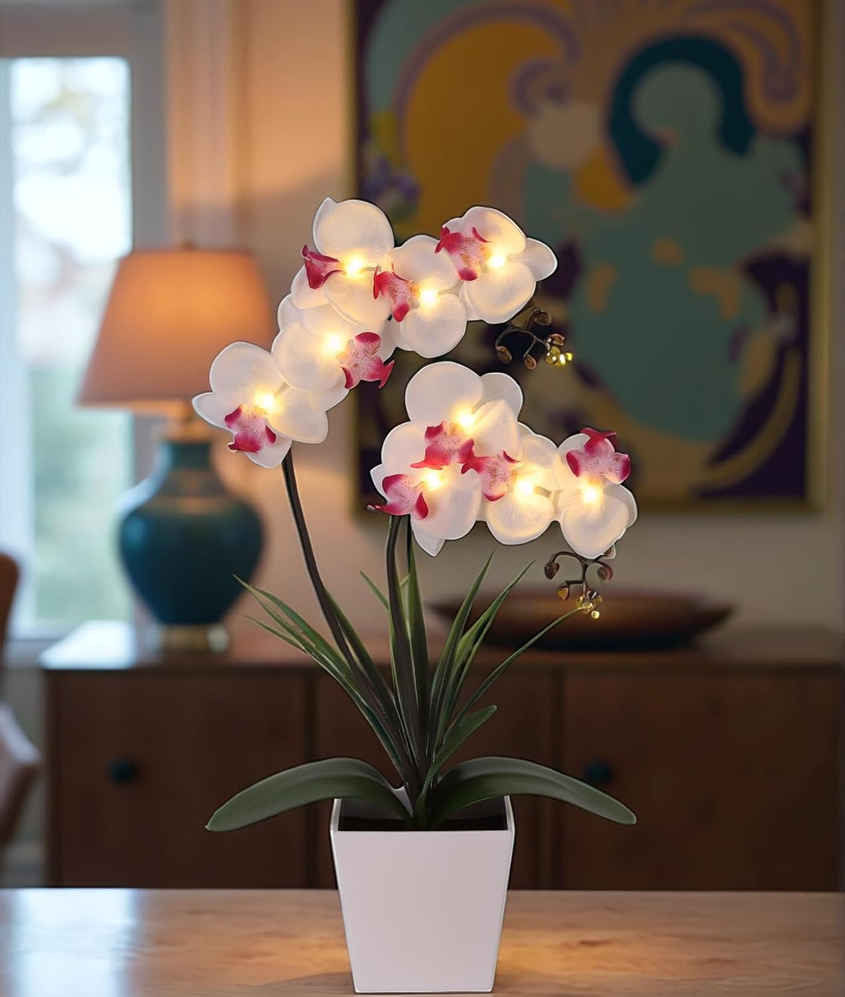 Orchid Lamp-LED Lighted Orchid Arrangements,Pre Lit Artificial Orchid,Light Up Flower Lights, Faux Orchid Phalaenopsis Arrangement (White)
