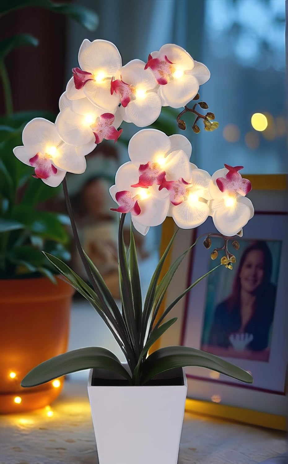 Orchid Lamp-LED Lighted Orchid Arrangements,Pre Lit Artificial Orchid,Light Up Flower Lights, Faux Orchid Phalaenopsis Arrangement (White)