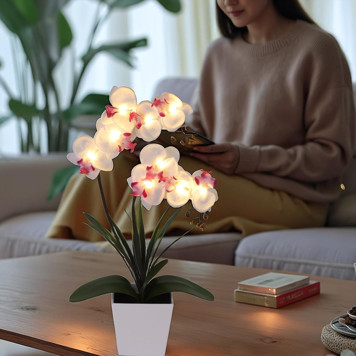 Orchid Lamp-LED Lighted Orchid Arrangements,Pre Lit Artificial Orchid,Light Up Flower Lights, Faux Orchid Phalaenopsis Arrangement (White)