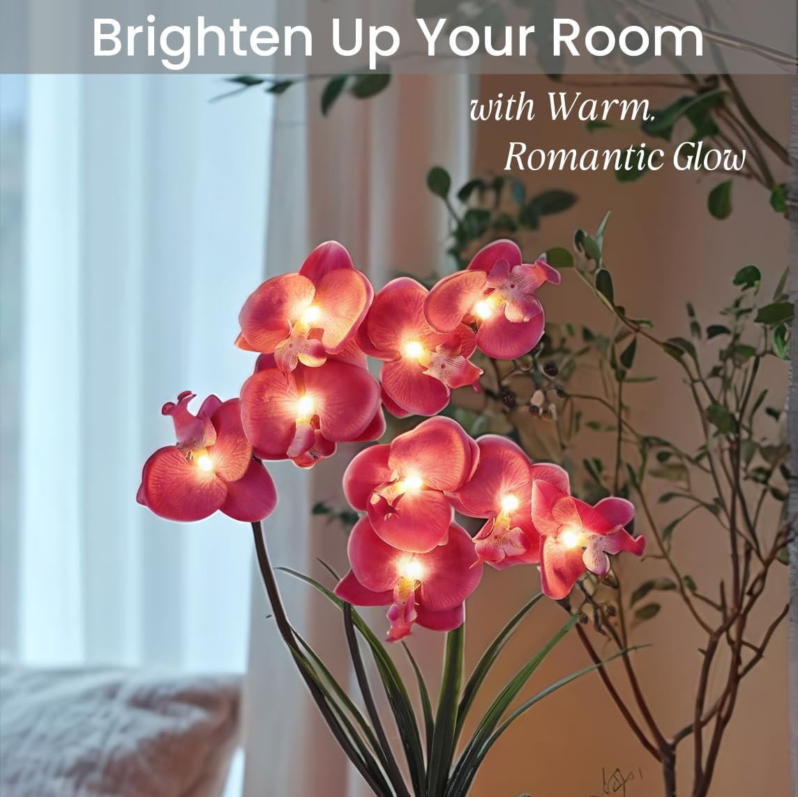 Orchid Lamp-LED Lighted Orchid Arrangements,Pre Lit Artificial Orchid,Light Up Flower Lights, Faux Orchid Phalaenopsis Arrangement (White)