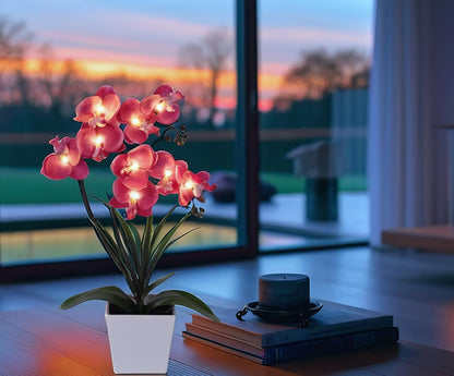 Orchid Lamp-LED Lighted Orchid Arrangements,Pre Lit Artificial Orchid,Light Up Flower Lights, Faux Orchid Phalaenopsis Arrangement (White)