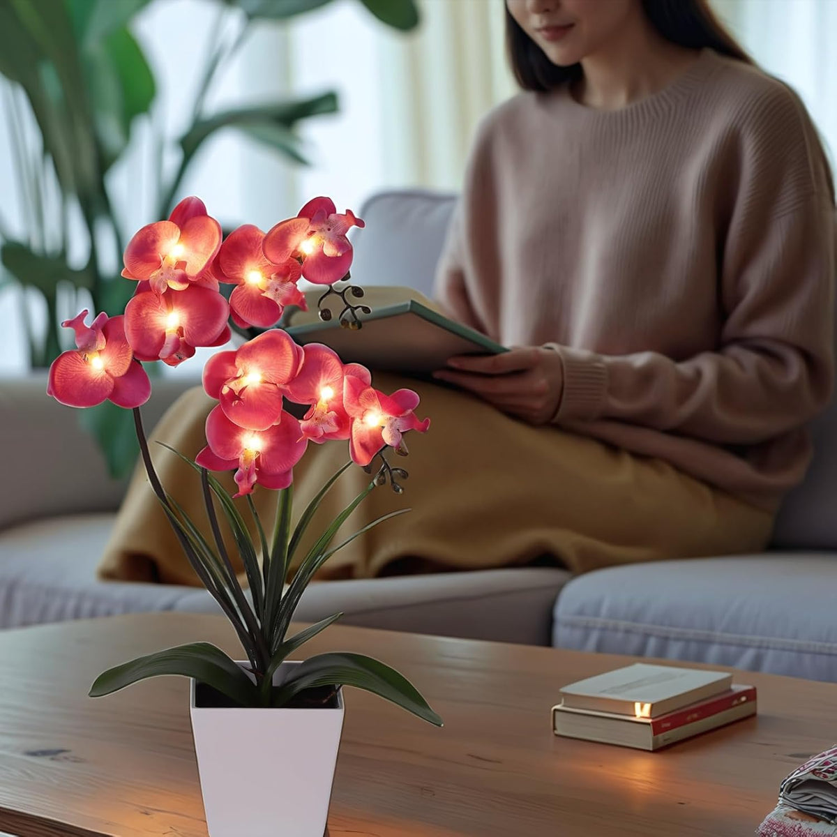 Orchid Lamp-LED Lighted Orchid Arrangements,Pre Lit Artificial Orchid,Light Up Flower Lights, Faux Orchid Phalaenopsis Arrangement (White)