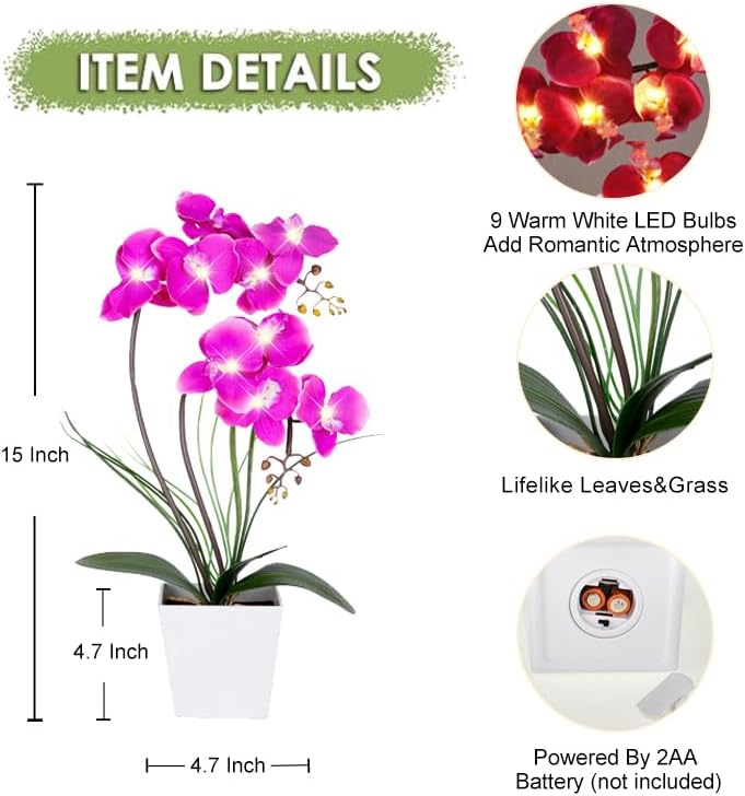Orchid Lamp-LED Lighted Orchid Arrangements,Pre Lit Artificial Orchid,Light Up Flower Lights, Faux Orchid Phalaenopsis Arrangement (White)