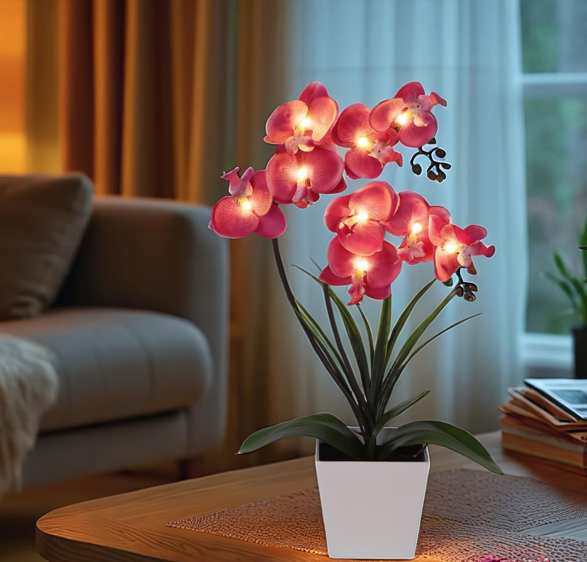 Orchid Lamp-LED Lighted Orchid Arrangements,Pre Lit Artificial Orchid,Light Up Flower Lights, Faux Orchid Phalaenopsis Arrangement (White)