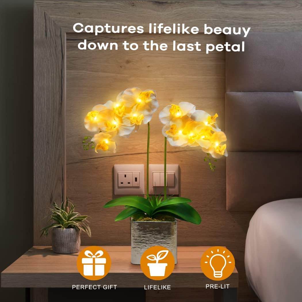 Orchid Lamp-LED Lighted Orchid Arrangements,Pre Lit Artificial Orchid,Light Up Flower Lights, Faux Orchid Phalaenopsis Arrangement (White)
