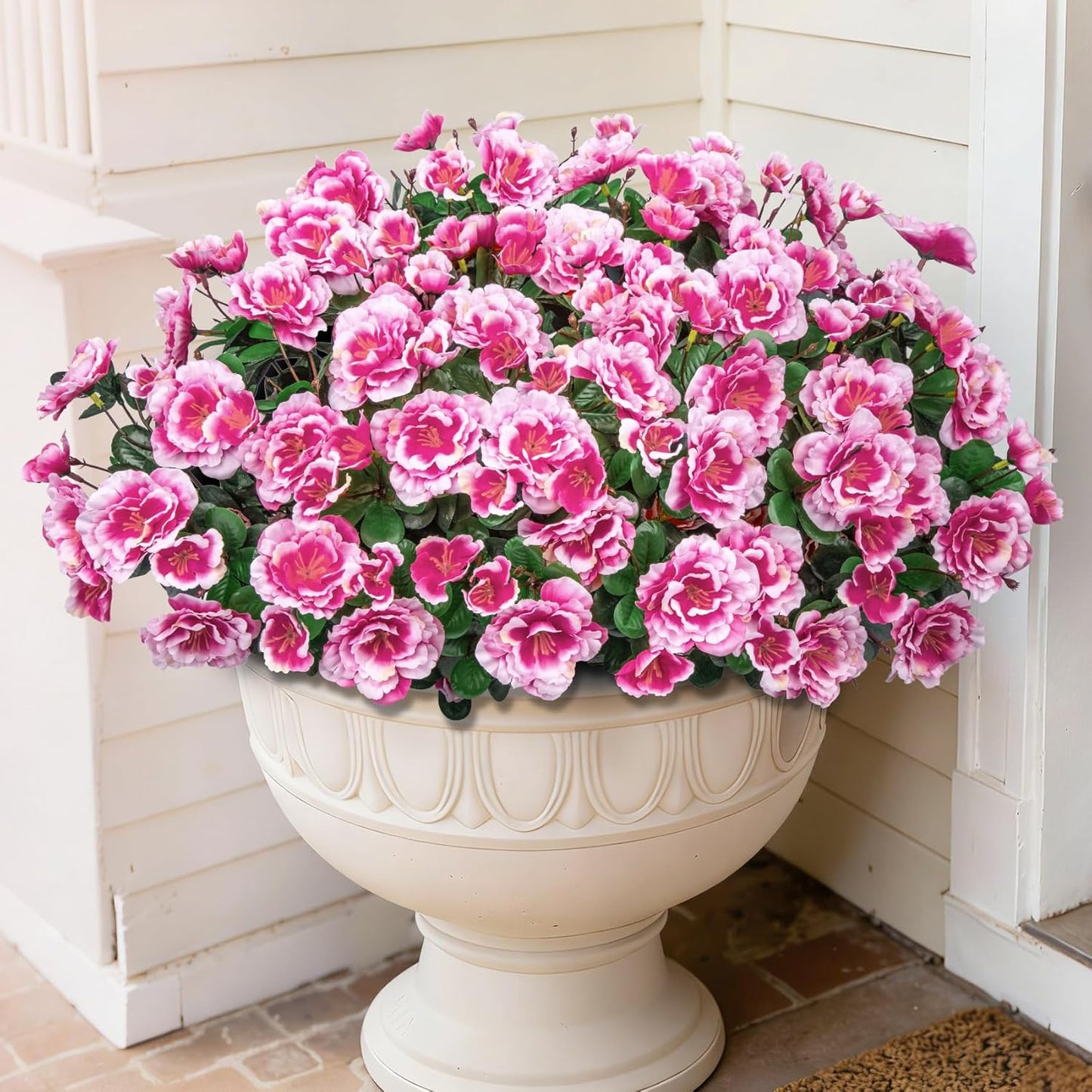 Artificial Camellia Flowers for Outdoors, Purple, 4 Pcs | Faux silk flowers, UV resistant, care-free, adjustable stems, planter outside patio garden balcony door porch decor