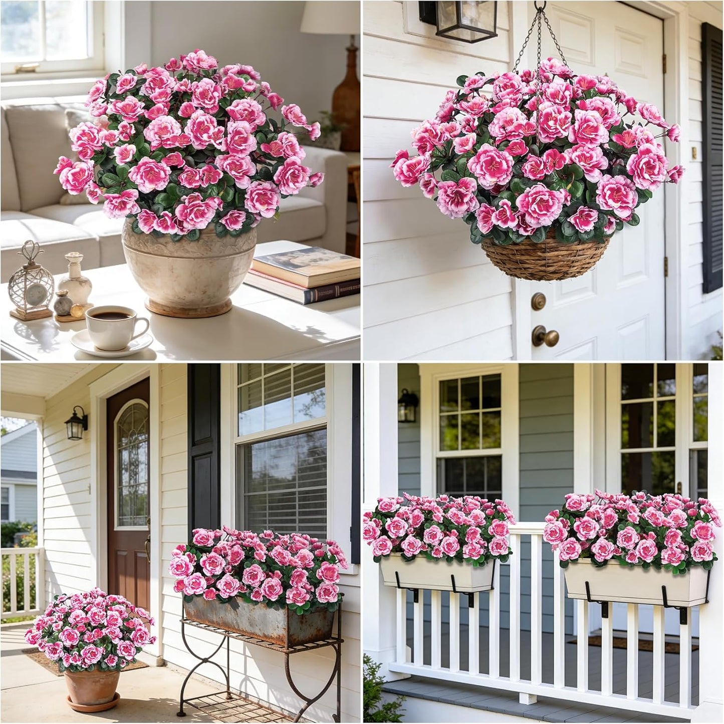 Artificial Camellia Flowers for Outdoors, Purple, 4 Pcs | Faux silk flowers, UV resistant, care-free, adjustable stems, planter outside patio garden balcony door porch decor