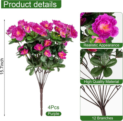 Artificial Camellia Flowers for Outdoors, Purple, 4 Pcs | Faux silk flowers, UV resistant, care-free, adjustable stems, planter outside patio garden balcony door porch decor