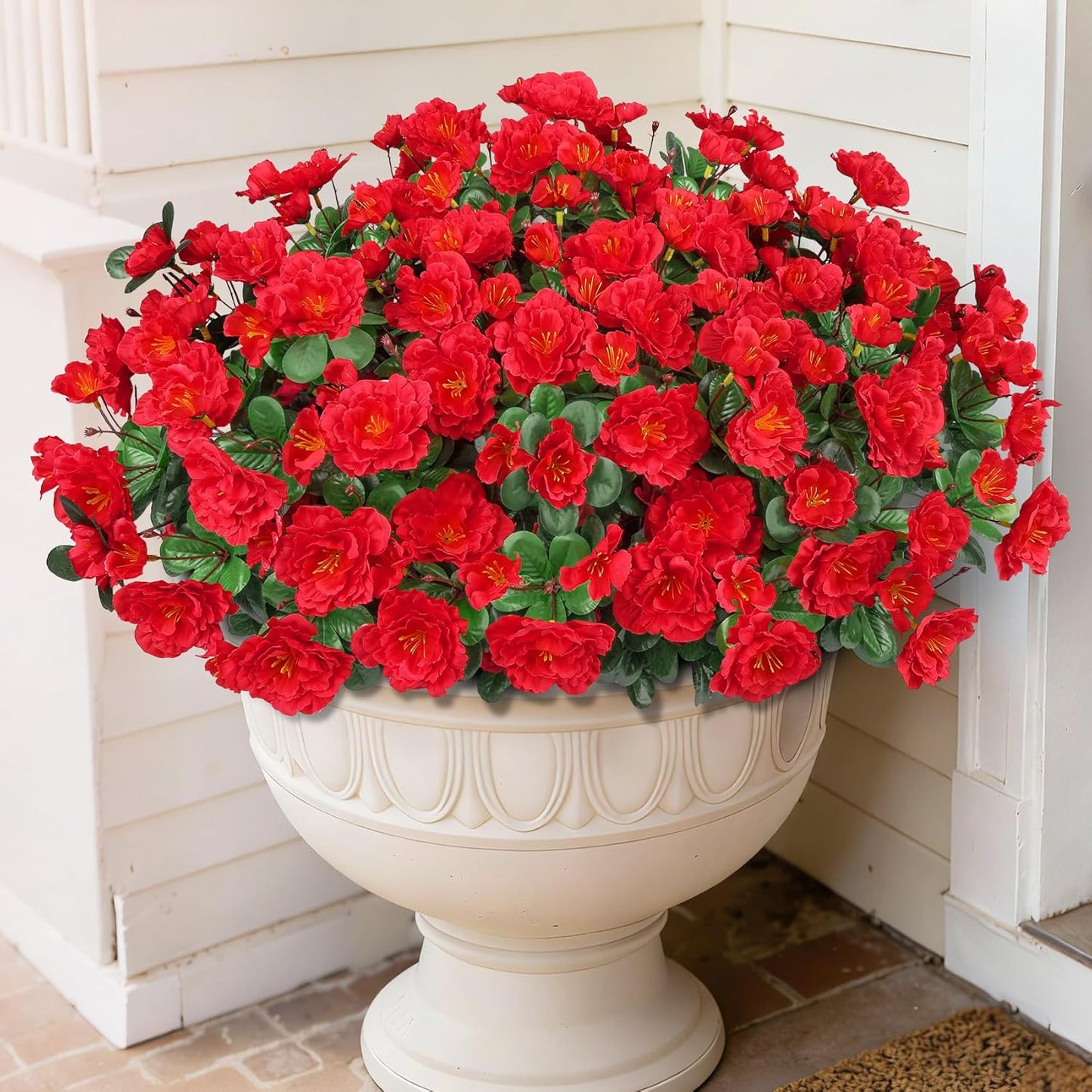 Artificial Camellia Flowers for Outdoors, Purple, 4 Pcs | Faux silk flowers, UV resistant, care-free, adjustable stems, planter outside patio garden balcony door porch decor