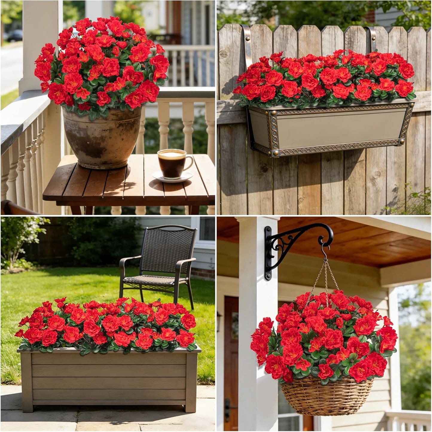 Artificial Camellia Flowers for Outdoors, Purple, 4 Pcs | Faux silk flowers, UV resistant, care-free, adjustable stems, planter outside patio garden balcony door porch decor