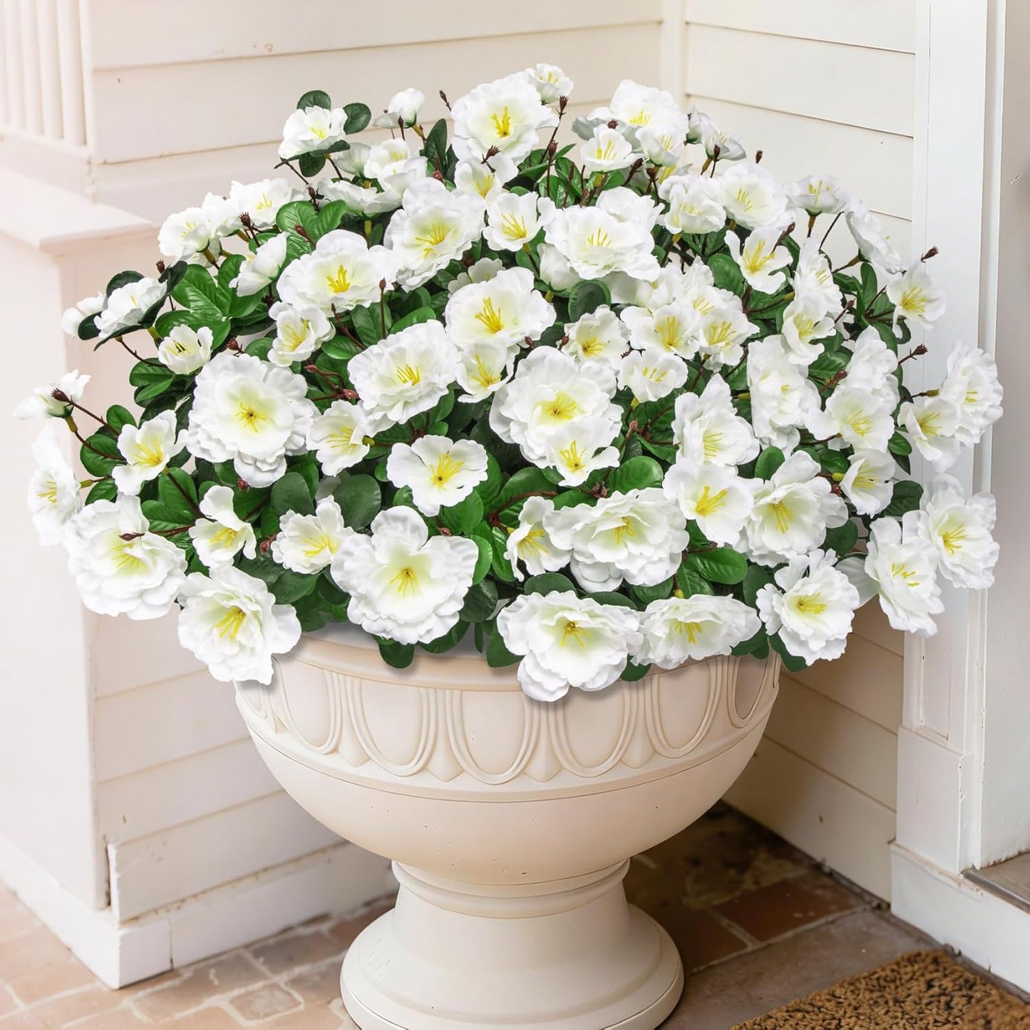 Artificial Camellia Flowers for Outdoors, Purple, 4 Pcs | Faux silk flowers, UV resistant, care-free, adjustable stems, planter outside patio garden balcony door porch decor