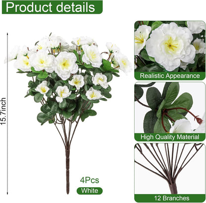 Artificial Camellia Flowers for Outdoors, Purple, 4 Pcs | Faux silk flowers, UV resistant, care-free, adjustable stems, planter outside patio garden balcony door porch decor