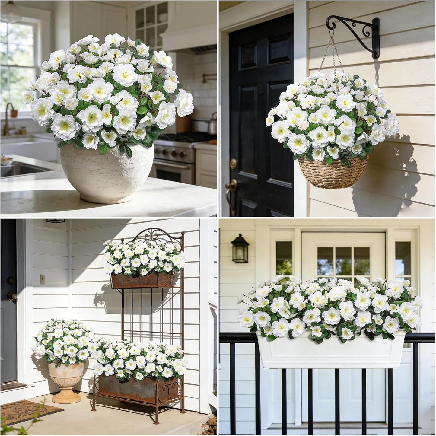 Artificial Camellia Flowers for Outdoors, Purple, 4 Pcs | Faux silk flowers, UV resistant, care-free, adjustable stems, planter outside patio garden balcony door porch decor