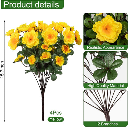 Artificial Camellia Flowers for Outdoors, Purple, 4 Pcs | Faux silk flowers, UV resistant, care-free, adjustable stems, planter outside patio garden balcony door porch decor
