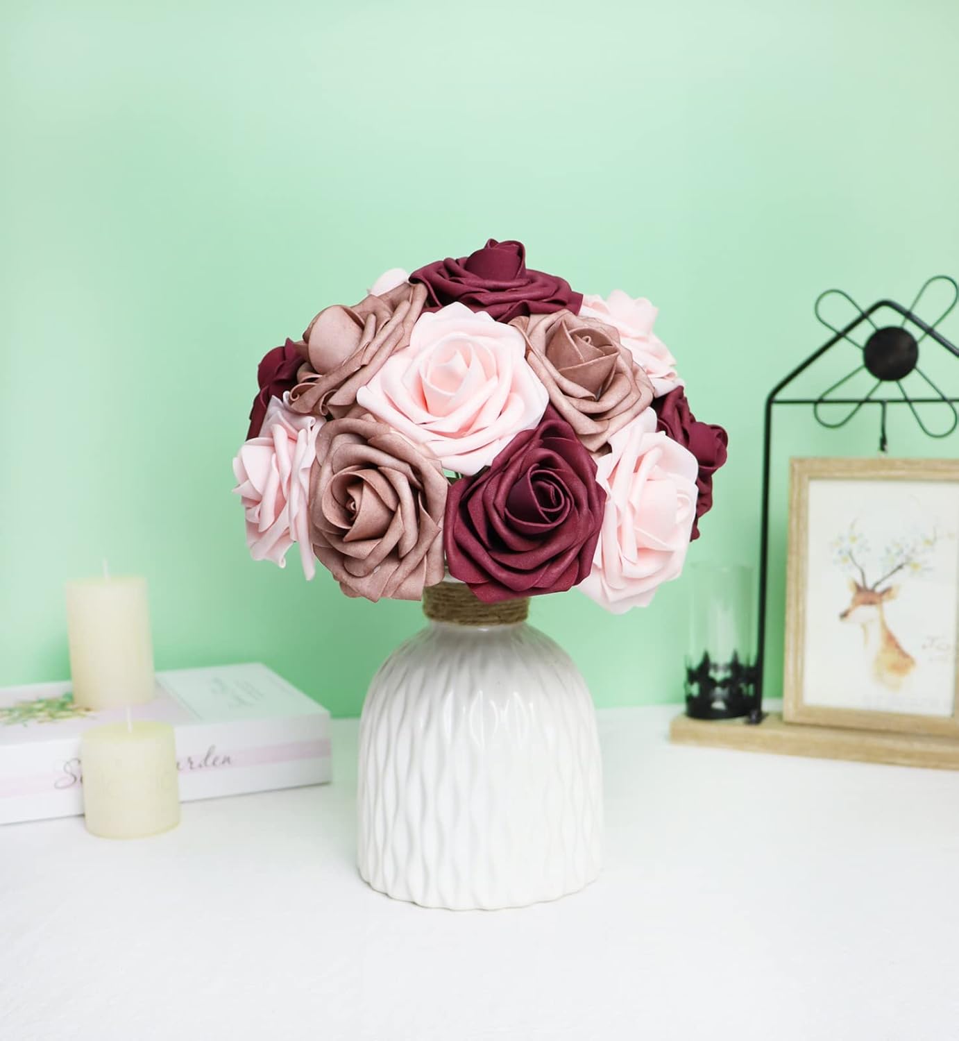 Artificial Flowers 25PCS Real Looking Mixed Living Coral Fake Roses with Stem for DIY Wedding Bouquets Centerpieces Baby Shower Party Home Decorations