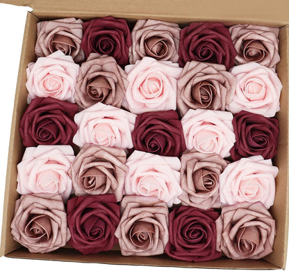 Artificial Flowers 25PCS Real Looking Mixed Living Coral Fake Roses with Stem for DIY Wedding Bouquets Centerpieces Baby Shower Party Home Decorations
