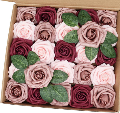 Artificial Flowers 25PCS Real Looking Mixed Living Coral Fake Roses with Stem for DIY Wedding Bouquets Centerpieces Baby Shower Party Home Decorations