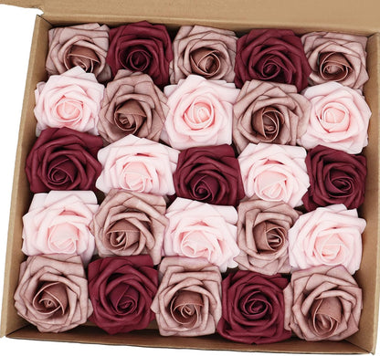 Artificial Flowers 25PCS Real Looking Mixed Living Coral Fake Roses with Stem for DIY Wedding Bouquets Centerpieces Baby Shower Party Home Decorations