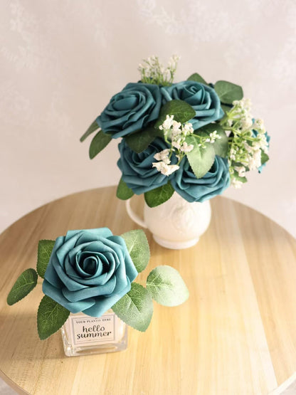Artificial Flowers 25PCS Real Looking Mixed Living Coral Fake Roses with Stem for DIY Wedding Bouquets Centerpieces Baby Shower Party Home Decorations