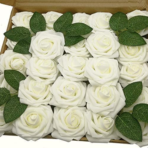 Artificial Flowers 25PCS Real Looking Mixed Living Coral Fake Roses with Stem for DIY Wedding Bouquets Centerpieces Baby Shower Party Home Decorations