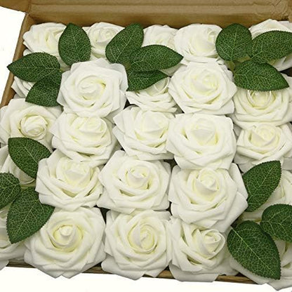 Artificial Flowers 25PCS Real Looking Mixed Living Coral Fake Roses with Stem for DIY Wedding Bouquets Centerpieces Baby Shower Party Home Decorations