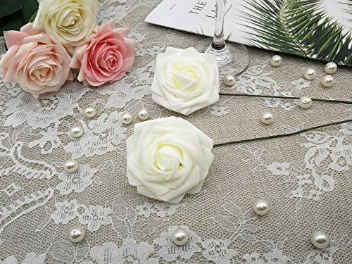 Artificial Flowers 25PCS Real Looking Mixed Living Coral Fake Roses with Stem for DIY Wedding Bouquets Centerpieces Baby Shower Party Home Decorations