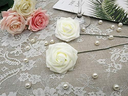 Artificial Flowers 25PCS Real Looking Mixed Living Coral Fake Roses with Stem for DIY Wedding Bouquets Centerpieces Baby Shower Party Home Decorations
