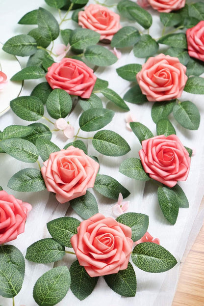 Artificial Flowers 25PCS Real Looking Mixed Living Coral Fake Roses with Stem for DIY Wedding Bouquets Centerpieces Baby Shower Party Home Decorations