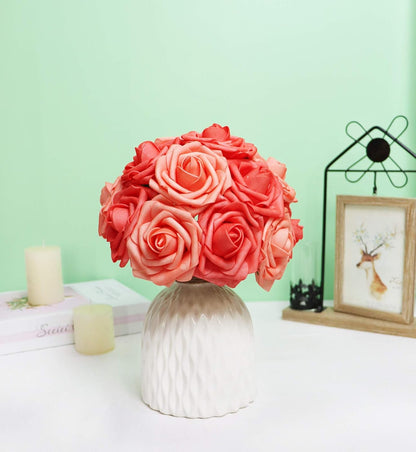 Artificial Flowers 25PCS Real Looking Mixed Living Coral Fake Roses with Stem for DIY Wedding Bouquets Centerpieces Baby Shower Party Home Decorations