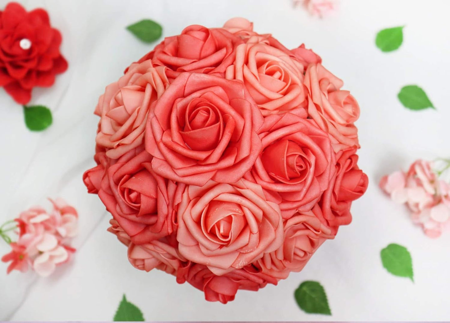 Artificial Flowers 25PCS Real Looking Mixed Living Coral Fake Roses with Stem for DIY Wedding Bouquets Centerpieces Baby Shower Party Home Decorations