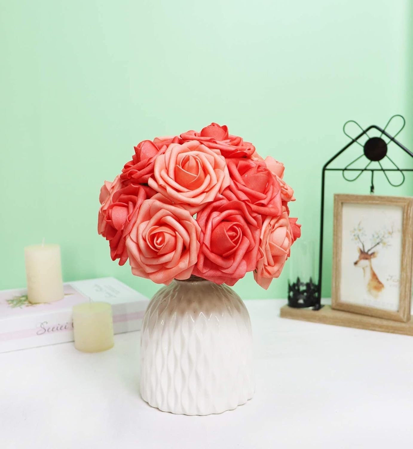 Artificial Flowers 25PCS Real Looking Mixed Living Coral Fake Roses with Stem for DIY Wedding Bouquets Centerpieces Baby Shower Party Home Decorations