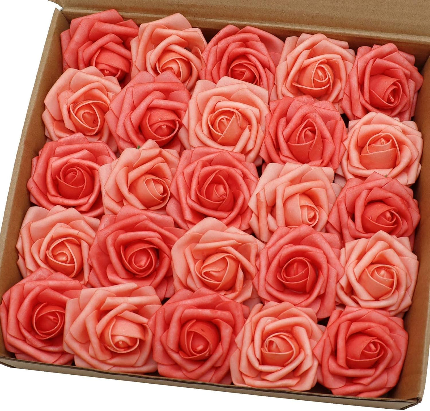 Artificial Flowers 25PCS Real Looking Mixed Living Coral Fake Roses with Stem for DIY Wedding Bouquets Centerpieces Baby Shower Party Home Decorations