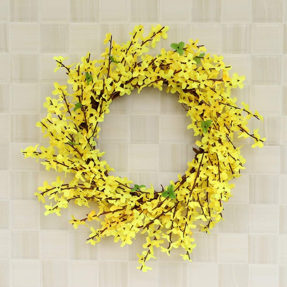 Ochine Artificial Forsythia Flower Wreath, Artificial Pink Forsythia Flower Wreath, Spring Wreath Summer Wreath Grapevine Yellow Wreath All Year Around Wreath for Front Door Wall Window Home Decor
