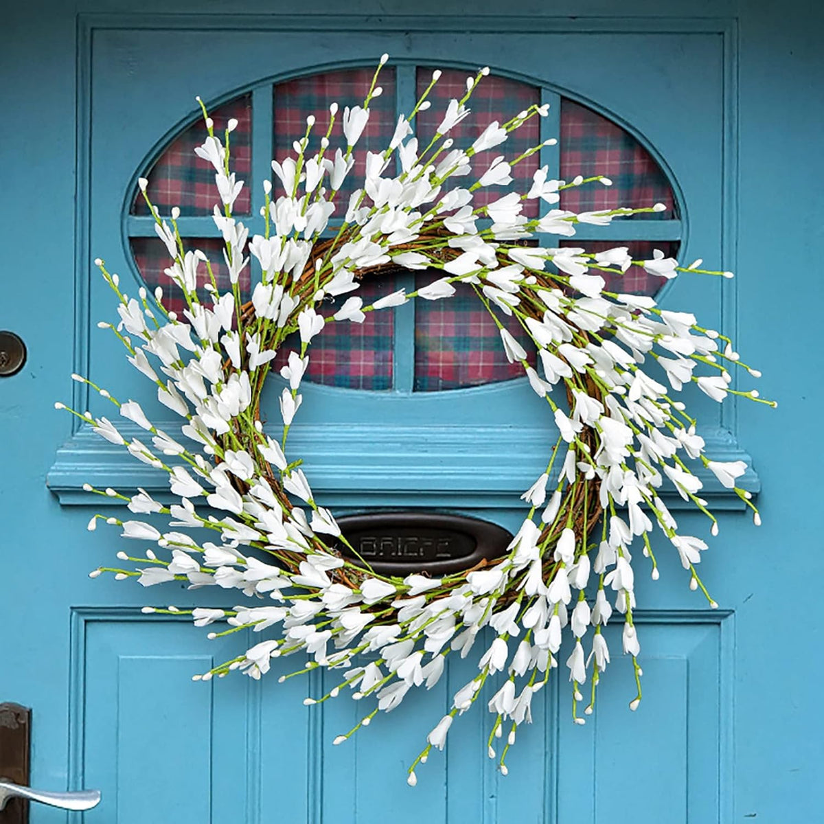 Ochine Artificial Forsythia Flower Wreath, Artificial Pink Forsythia Flower Wreath, Spring Wreath Summer Wreath Grapevine Yellow Wreath All Year Around Wreath for Front Door Wall Window Home Decor