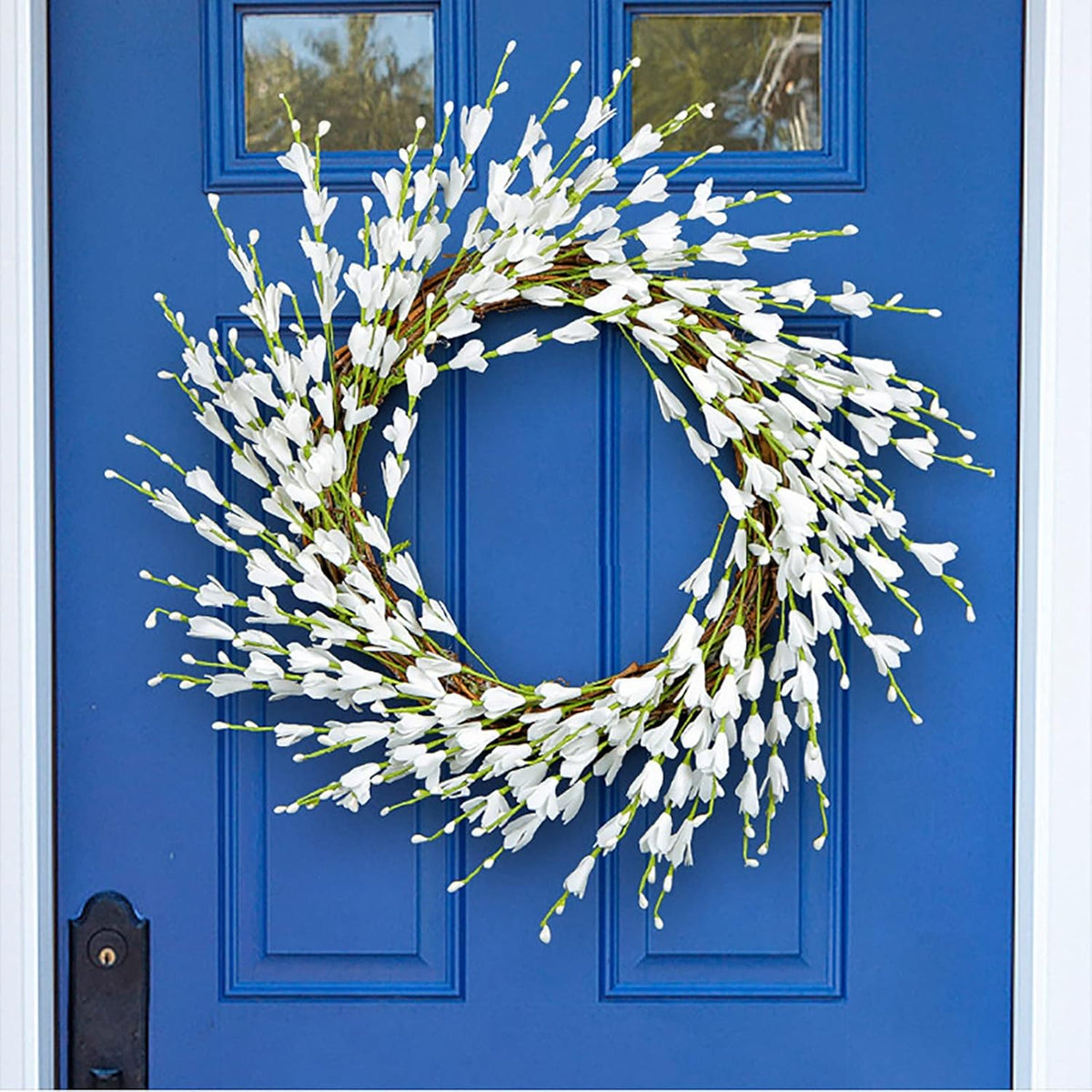 Ochine Artificial Forsythia Flower Wreath, Artificial Pink Forsythia Flower Wreath, Spring Wreath Summer Wreath Grapevine Yellow Wreath All Year Around Wreath for Front Door Wall Window Home Decor