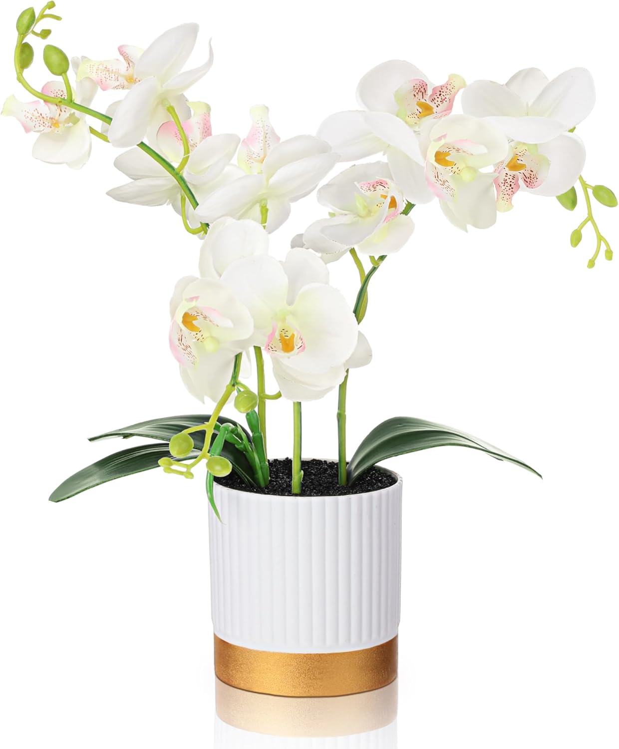 Orchid Artificial Flowers in Pot 15 Inches Artificial Orchid Flowers Phalaenopsis Potting for Home Office Wedding Bathroom Centerpiece Decor(White)