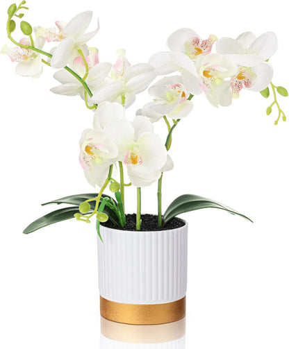 Orchid Artificial Flowers in Pot 15 Inches Artificial Orchid Flowers Phalaenopsis Potting for Home Office Wedding Bathroom Centerpiece Decor(White)