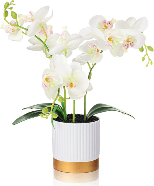 Orchid Artificial Flowers in Pot 15 Inches Artificial Orchid Flowers Phalaenopsis Potting for Home Office Wedding Bathroom Centerpiece Decor(White)