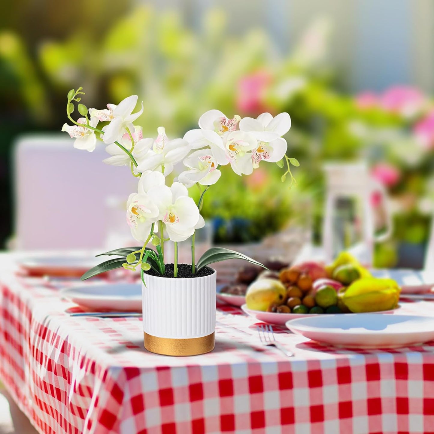 Orchid Artificial Flowers in Pot 15 Inches Artificial Orchid Flowers Phalaenopsis Potting for Home Office Wedding Bathroom Centerpiece Decor(White)
