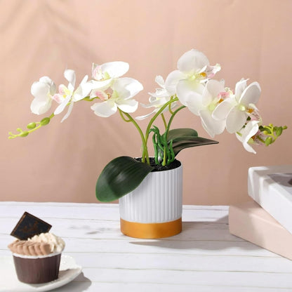 Orchid Artificial Flowers in Pot 15 Inches Artificial Orchid Flowers Phalaenopsis Potting for Home Office Wedding Bathroom Centerpiece Decor(White)
