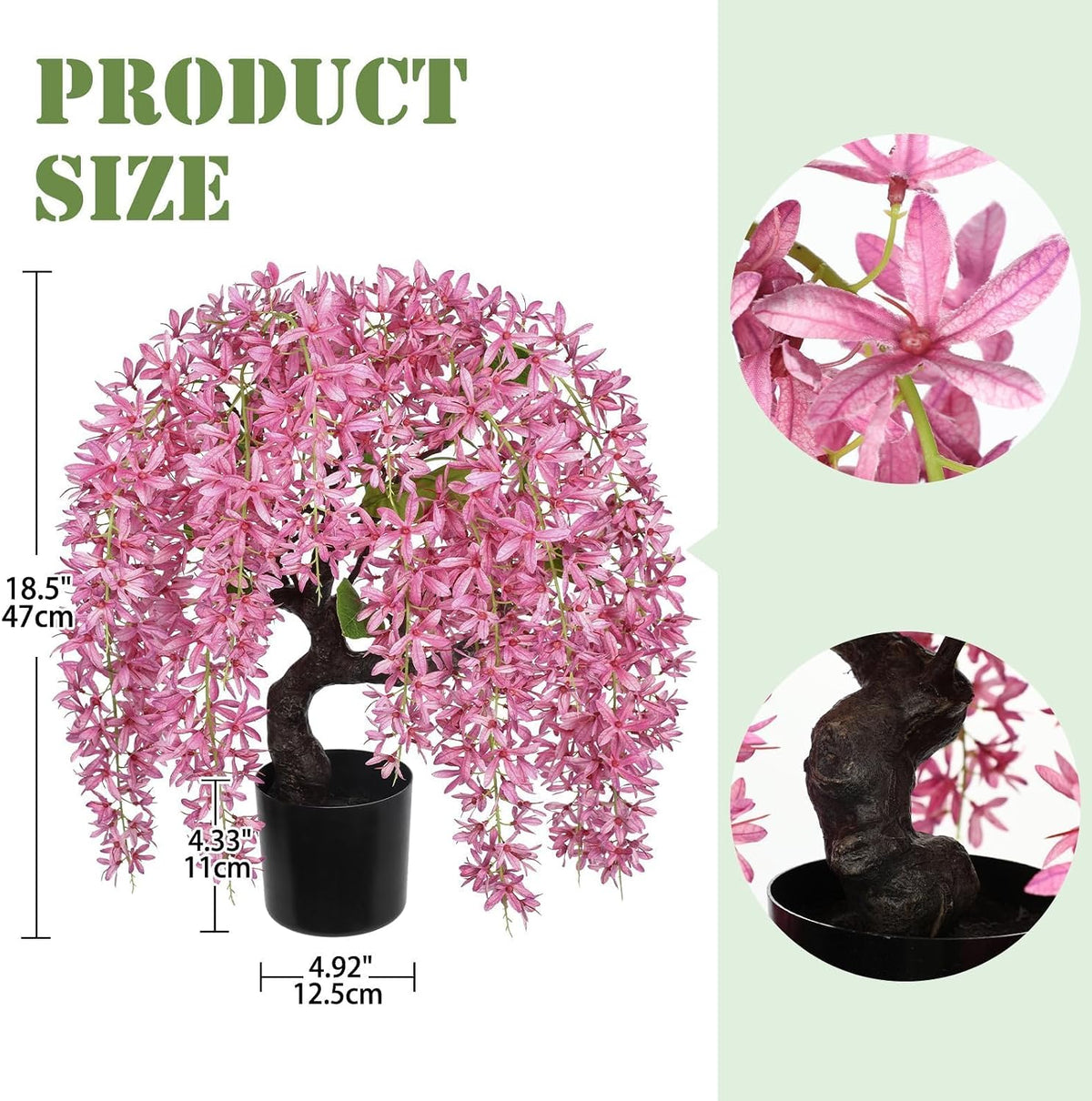 Artificial Flowers 18.5" Tall with Silk Wisteria Pink Flower Arrangement and Realistic Wood Fake Bonsai Tree Plants Faux Plants for Spring Home Bedroom Office Bathroom Coffee Table Centerpiece Decor