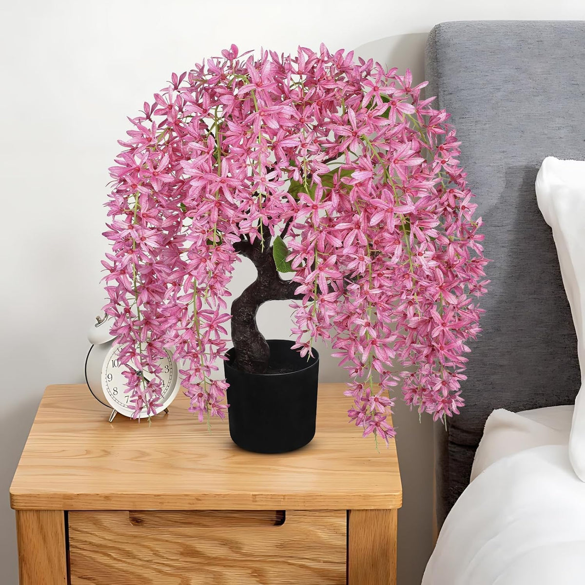 Artificial Flowers 18.5" Tall with Silk Wisteria Pink Flower Arrangement and Realistic Wood Fake Bonsai Tree Plants Faux Plants for Spring Home Bedroom Office Bathroom Coffee Table Centerpiece Decor