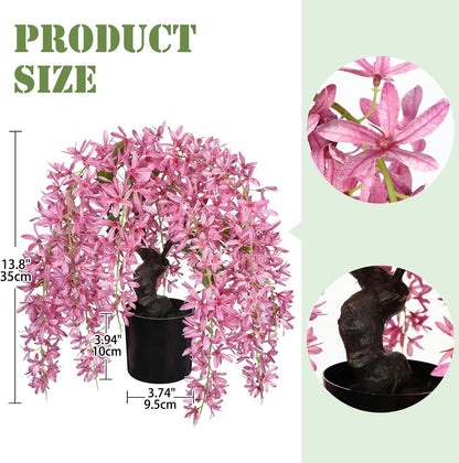 Artificial Flowers 18.5" Tall with Silk Wisteria Pink Flower Arrangement and Realistic Wood Fake Bonsai Tree Plants Faux Plants for Spring Home Bedroom Office Bathroom Coffee Table Centerpiece Decor