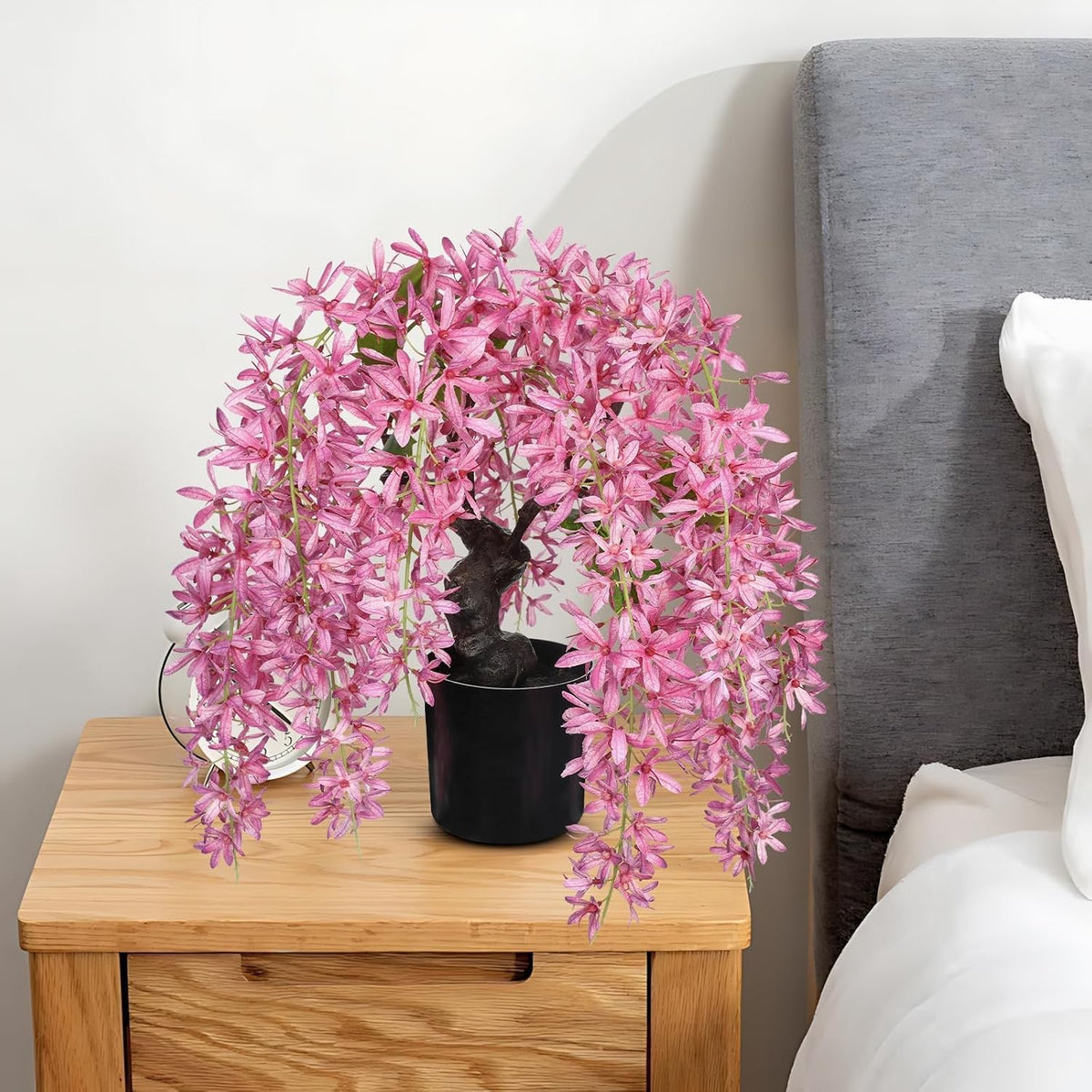 Artificial Flowers 18.5" Tall with Silk Wisteria Pink Flower Arrangement and Realistic Wood Fake Bonsai Tree Plants Faux Plants for Spring Home Bedroom Office Bathroom Coffee Table Centerpiece Decor