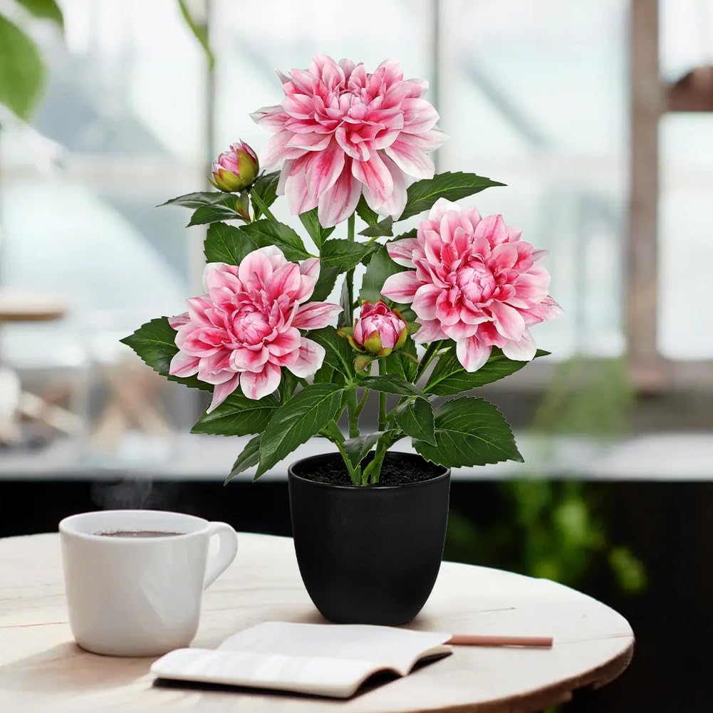Artificial Flowers 18.5" Tall with Silk Wisteria Pink Flower Arrangement and Realistic Wood Fake Bonsai Tree Plants Faux Plants for Spring Home Bedroom Office Bathroom Coffee Table Centerpiece Decor
