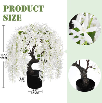 Artificial Flowers 18.5" Tall with Silk Wisteria Pink Flower Arrangement and Realistic Wood Fake Bonsai Tree Plants Faux Plants for Spring Home Bedroom Office Bathroom Coffee Table Centerpiece Decor