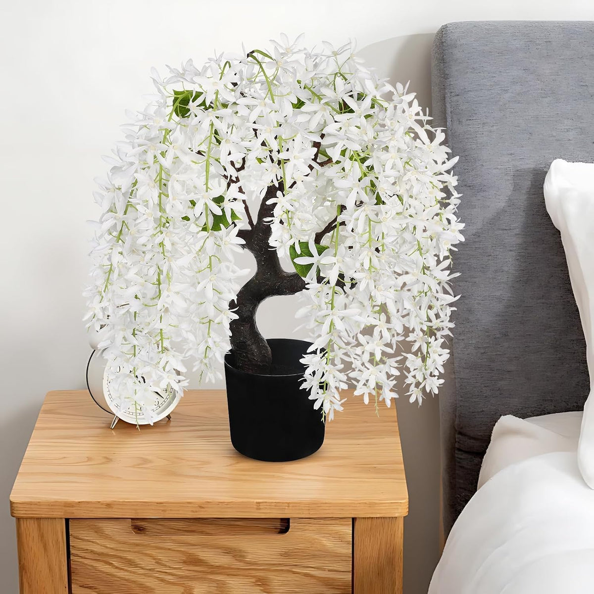 Artificial Flowers 18.5" Tall with Silk Wisteria Pink Flower Arrangement and Realistic Wood Fake Bonsai Tree Plants Faux Plants for Spring Home Bedroom Office Bathroom Coffee Table Centerpiece Decor