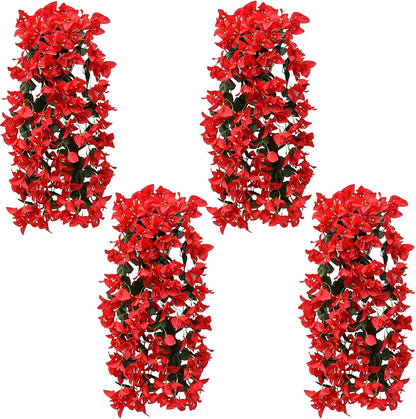 4Pcs 27.5 Inch Red Artificial Bougainvillea Flower Garlands – Silk Fake Vines with 156 Flowers and 48 Leaves, Realistic Artificial Flowers with Stems for Indoor and Outdoor