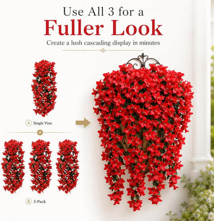 4Pcs 27.5 Inch Red Artificial Bougainvillea Flower Garlands – Silk Fake Vines with 156 Flowers and 48 Leaves, Realistic Artificial Flowers with Stems for Indoor and Outdoor